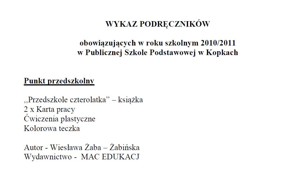 Wykaz podręczników w roku szkolnym 2010/2011