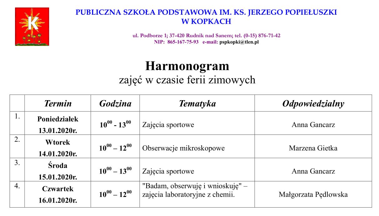 Program ferii zimowych /2020/ w PSP w Kopkach